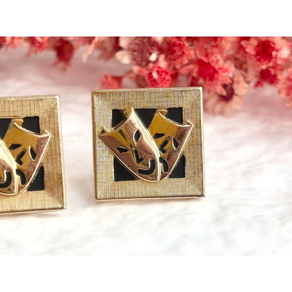 Swank Theater Mask Designed Comedy + Tragedy Gold Toned Square Vintage Enclosure - Picture 2 of 14